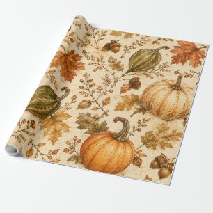 Papel De Presente Padrão Vintage de Abóbora e Cabaças de Outono