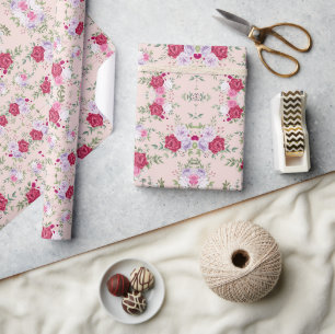 Papel De Presente Padrão vintage de jardim de flores rosa vermelho ú