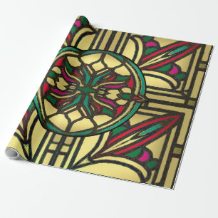 Papel De Presente Padrão Vintage de Vidro Colorido em Dourado e Verm