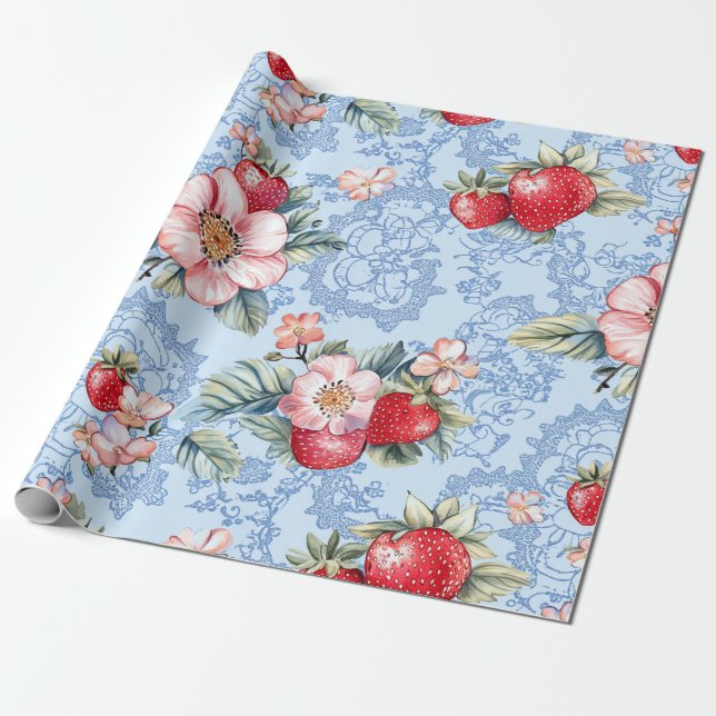 Papel De Presente Padrão Vintage Strawberry & Flowers (Desenrolado)