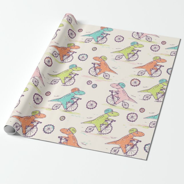 Papel De Presente Padrão Whimsical Dinossaur Racing Bikes (Desenrolado)