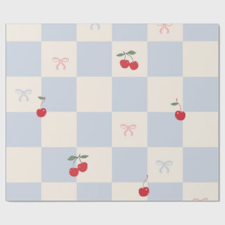Papel De Presente Padrão xadrez azul com cerejas