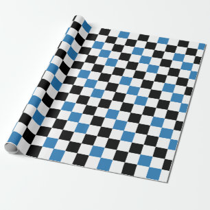 Papel De Presente Padrão Xadrez Azul Preto Branco Design