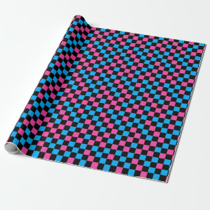 Papel De Presente Padrão Xadrez Azul Rosa e Preto