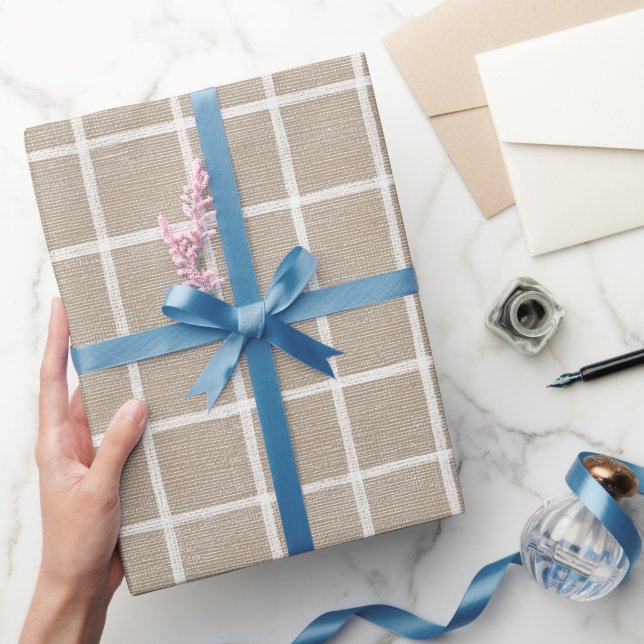 Papel De Presente Padrão Xadrez de Linho Bege Creme Neutro (Presentear)
