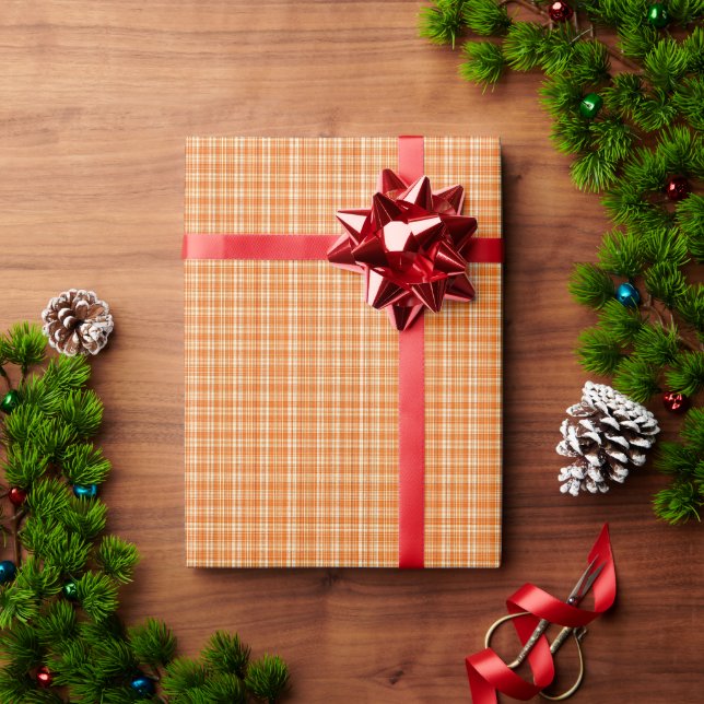 Papel De Presente Padrão Xadrez de Lino Laranja Quente (Presente de Natal)
