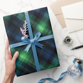 Papel De Presente Padrão Xadrez de Tartã Verde Floresta Azul-Marinho