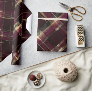 Papel De Presente Padrão Xadrez Elegante Vinho Tinto Dourado Real