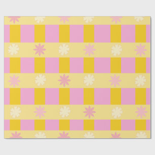 Papel De Presente Padrão Xadrez Floral Colorido Retrô