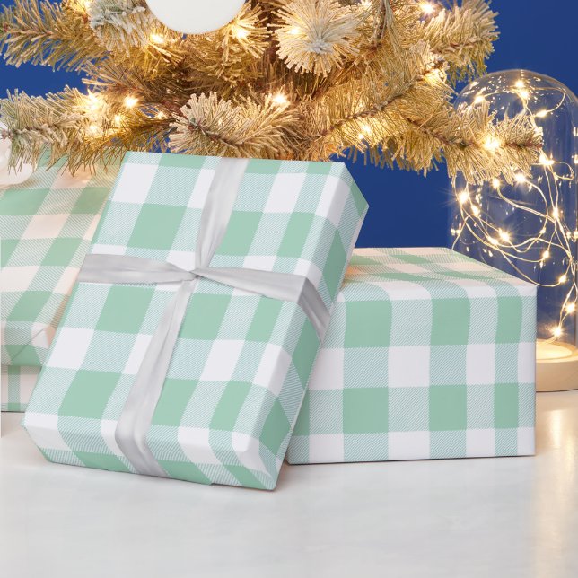 Papel De Presente Padrão Xadrez Gingham Verde Menta Suave Branco Fre (Feriados)