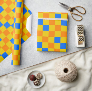 Papel De Presente Padrão Xadrez Laranja Amarelo Azul Design 