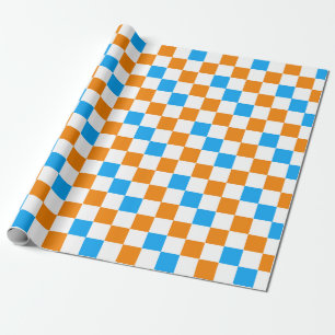 Papel De Presente Padrão Xadrez Laranja Branco Azul Design 