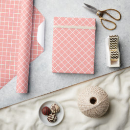 Papel De Presente Padrão Xadrez Laranja Coral Pastel Branco com Clas