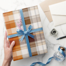 Papel De Presente Padrão Xadrez Laranja Queimado Marrom Creme de Out