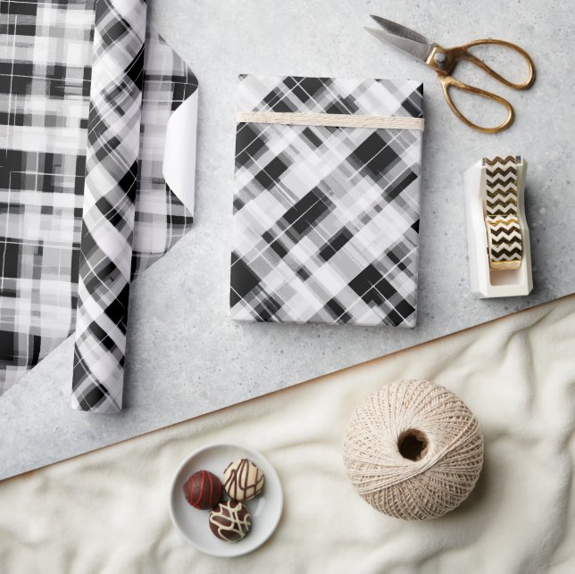Papel De Presente Padrão Xadrez Monocromático Branco Chic Preto Marf (Artesanato)
