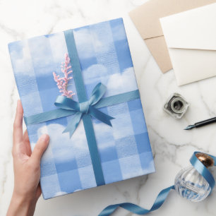 Papel De Presente Padrão Xadrez Nuvem Gingham Azul Branco de Verão
