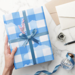 Papel De Presente Padrão Xadrez Nuvem Gingham Azul Branco de Verão