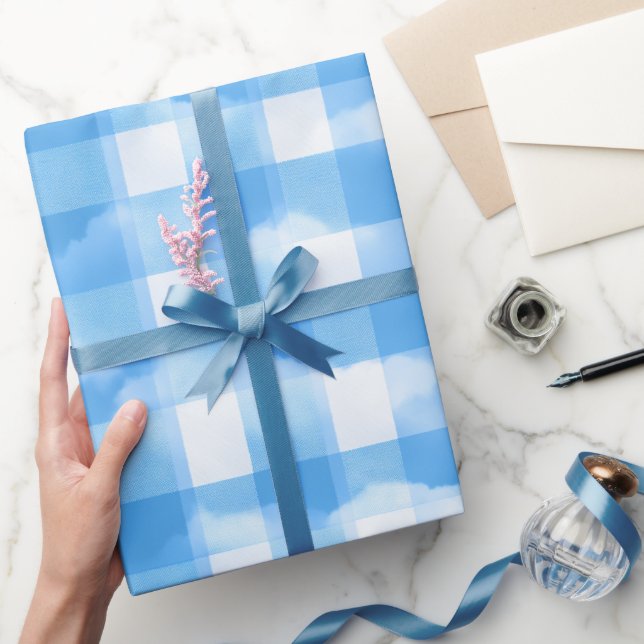 Papel De Presente Padrão Xadrez Nuvem Gingham Azul Branco Verão (Presentear)