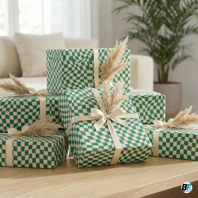 Papel De Presente Padrão Xadrez Ondulado Creme Verde Retro (Criador carregado)