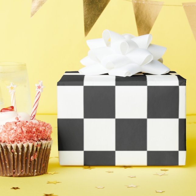 Papel De Presente Padrão Xadrez Preto Branco (Festa de aniversário)