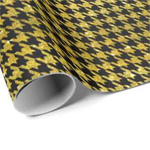 Papel De Presente Padrão Xadrez Preto e Dourado Clássico