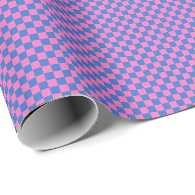 Papel De Presente Padrão Xadrez Retro Brilhante Rosa e Azul (Ponta do rolo)