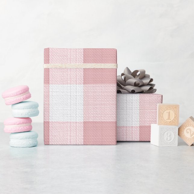 Papel De Presente Padrão Xadrez Rosa Claro Branco Gingham Bege (Chá de bebê)