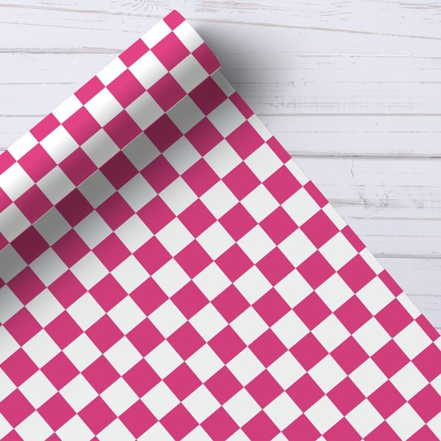 Papel De Presente Padrão Xadrez Rosa Framboesa e Branco (Criador carregado)