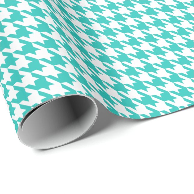 Papel De Presente Padrão Xadrez Turquesa Clássico e Branco (Ponta do rolo)