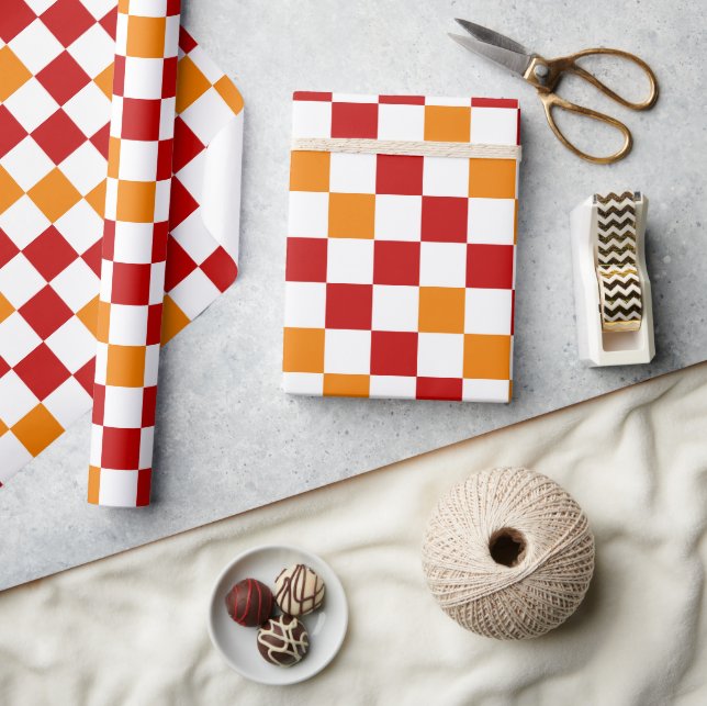 Papel De Presente Padrão Xadrez Vermelho Branco Laranja (Artesanato)