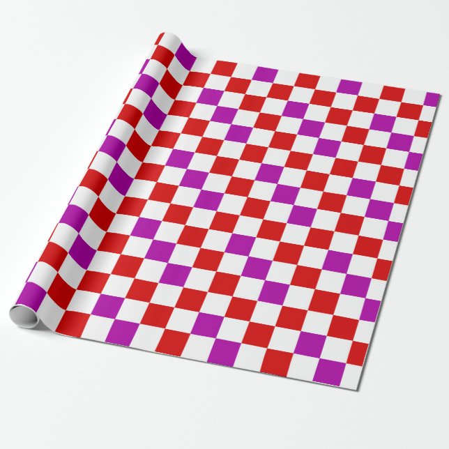 Papel De Presente Padrão Xadrez Vermelho Branco Roxo Design  (Desenrolado)