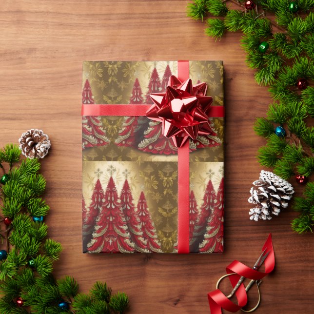 Papel De Presente Padrão Xmas Dourado da árvore de Natal Vermelho El (Presente de Natal)