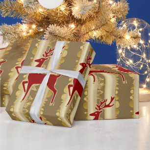 Papel De Presente Padrão Xmas Dourado de alce Vermelho luxuoso