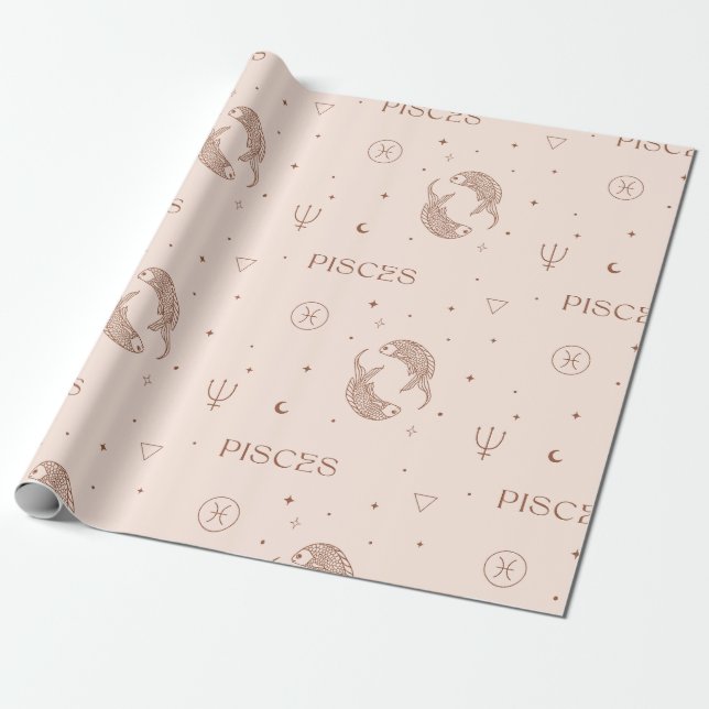 Papel De Presente Padrão Zodíaco de Libra Místico em Marrom e Borgon (Desenrolado)