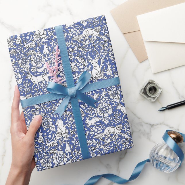 Papel De Presente Padrões Animais Da Floresta Azul Raposa Coelho Cor (Presentear)