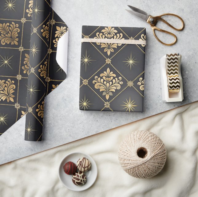 Papel De Presente Padrões Art Déco Elegantes Preto e Dourado (Artesanato)