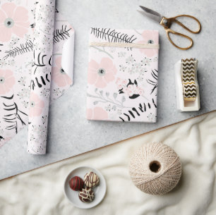 Papel De Presente Padrões Botânicos Pretos Rosa