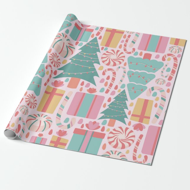 Papel De Presente Padrões de alegria de Natal Pastel (Desenrolado)