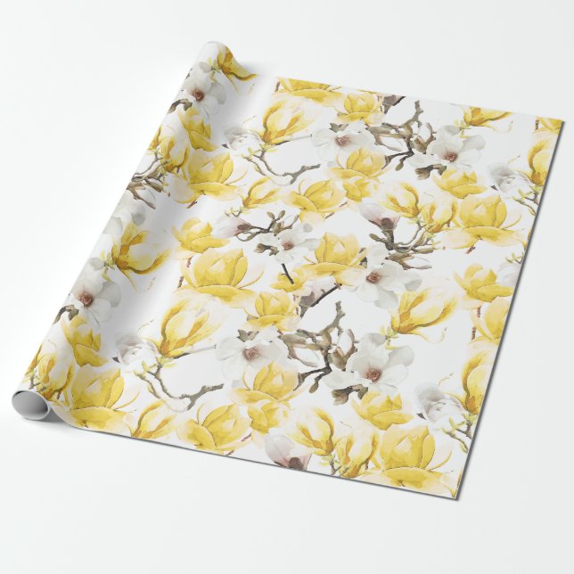 Papel De Presente Padrões de Aquarela Amarelo e Branco Magnolia Flor (Desenrolado)