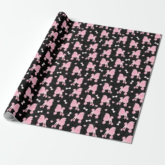 Papel De Presente Padrões de Arcos e Poodles Rosa Pretos (Desenrolado)