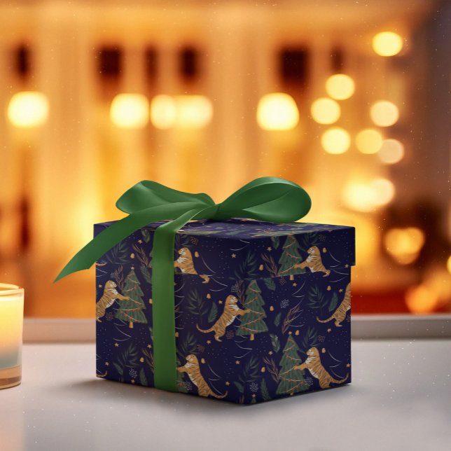 Papel De Presente Padrões de árvores de Natal e tigres fundo persona (Criador carregado)