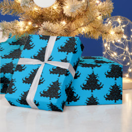 Papel De Presente Padrões de Árvores de Natal Negra Azul