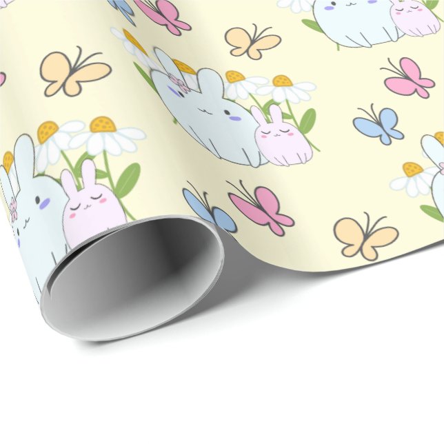 Papel De Presente Padrões de coelhos bonitos com margaridas e borbol (Ponta do rolo)
