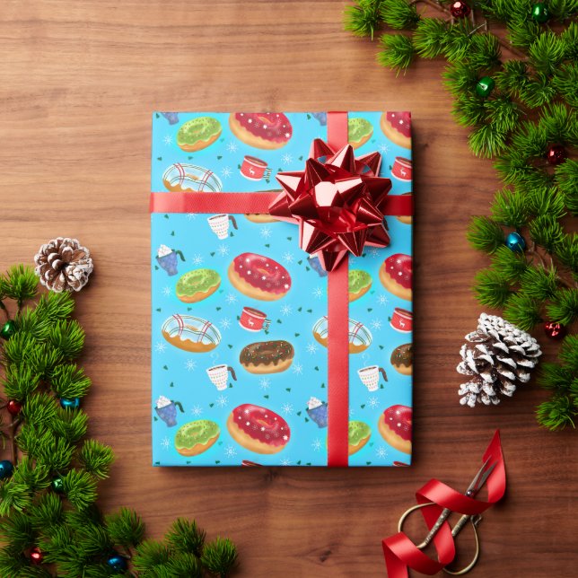 Papel De Presente Padrões de Donuts de Inverno & Chocolate Quente  (Presente de Natal)