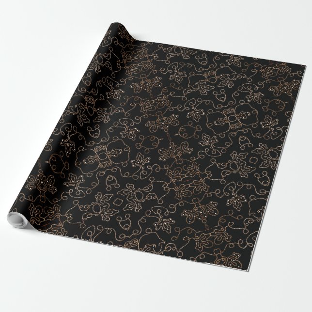Papel De Presente Padrões de embelezamento de ouro elegante em preto (Desenrolado)