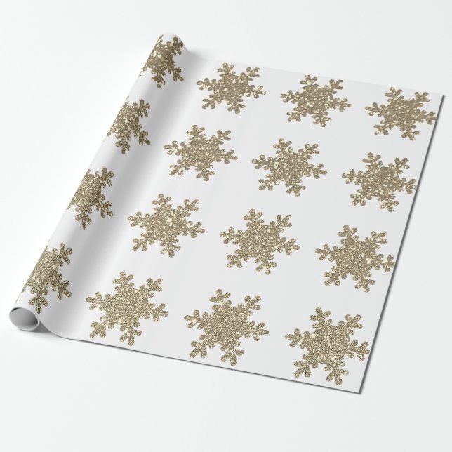 Papel De Presente Padrões de Floco de Neve em Dourado Brilhante Nata (Desenrolado)