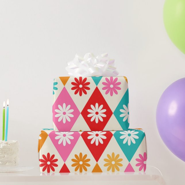Papel De Presente Padrões de Flores de Retro em Diamantes de Meio sé (Presentes para festas)