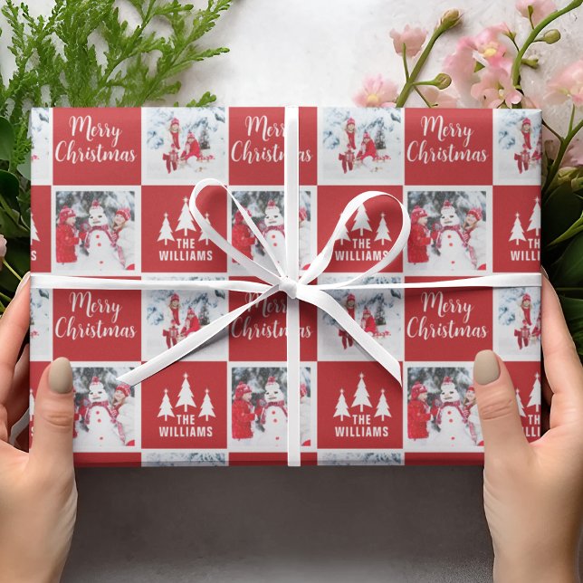 Papel De Presente Padrões de Foto de Nome Personalizado Vermelho Fel (Custom Name Photo Pattern Red Merry Christmas Wrapping Paper
)