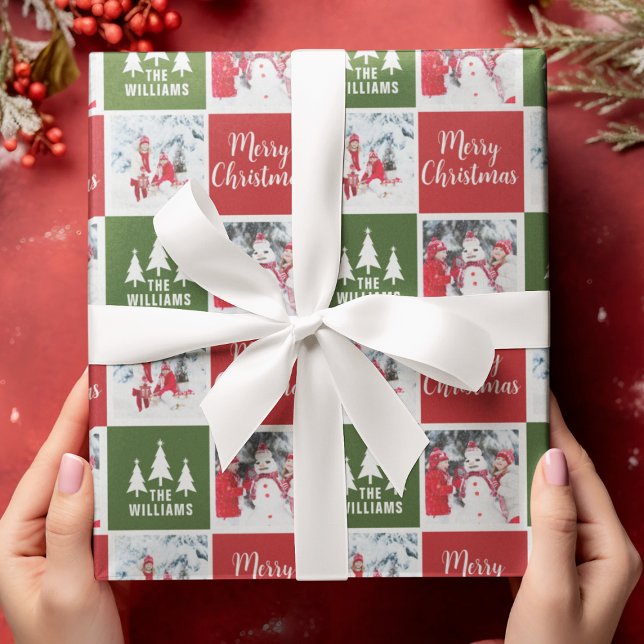 Papel De Presente Padrões de Foto Personalizados Vermelho Verde Feli (Custom Photo Pattern Green Red Merry Christmas Wrapping Paper
)