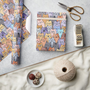 Papel De Presente Padrões De Gato Cortado Coloridos, Cujo Rosto De G